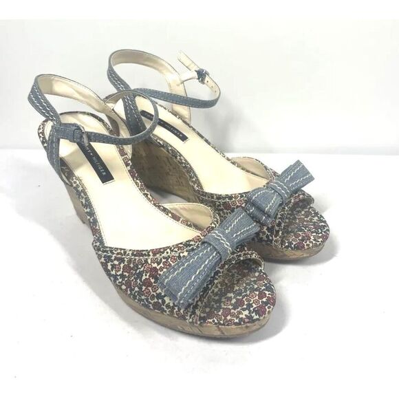 Tommy Hilfiger ILLIE Denim Floral Wedge Sandal Peep Toe Ankle Espadrille Women 8 - Picture 1 of 9
